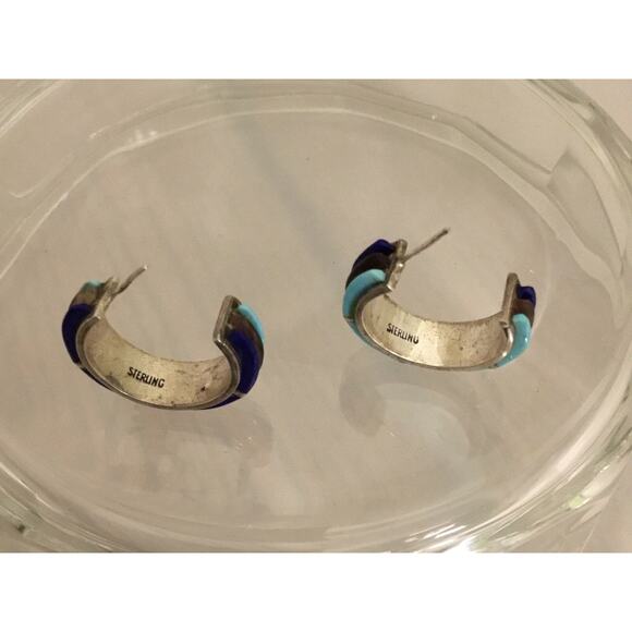 Vintage Navajo Inlay Turquoise/Lapis/Onyx Sterling Silver 3/4 Hoop Post Earrings - Picture 2 of 6